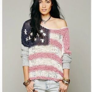 Free People Off-the-Shoulder Flag Sweater - Pink, Blue, White